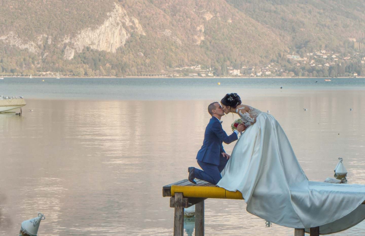 Bride and Groom on beautiful Lake Annecy, France.  International wedding photographer
